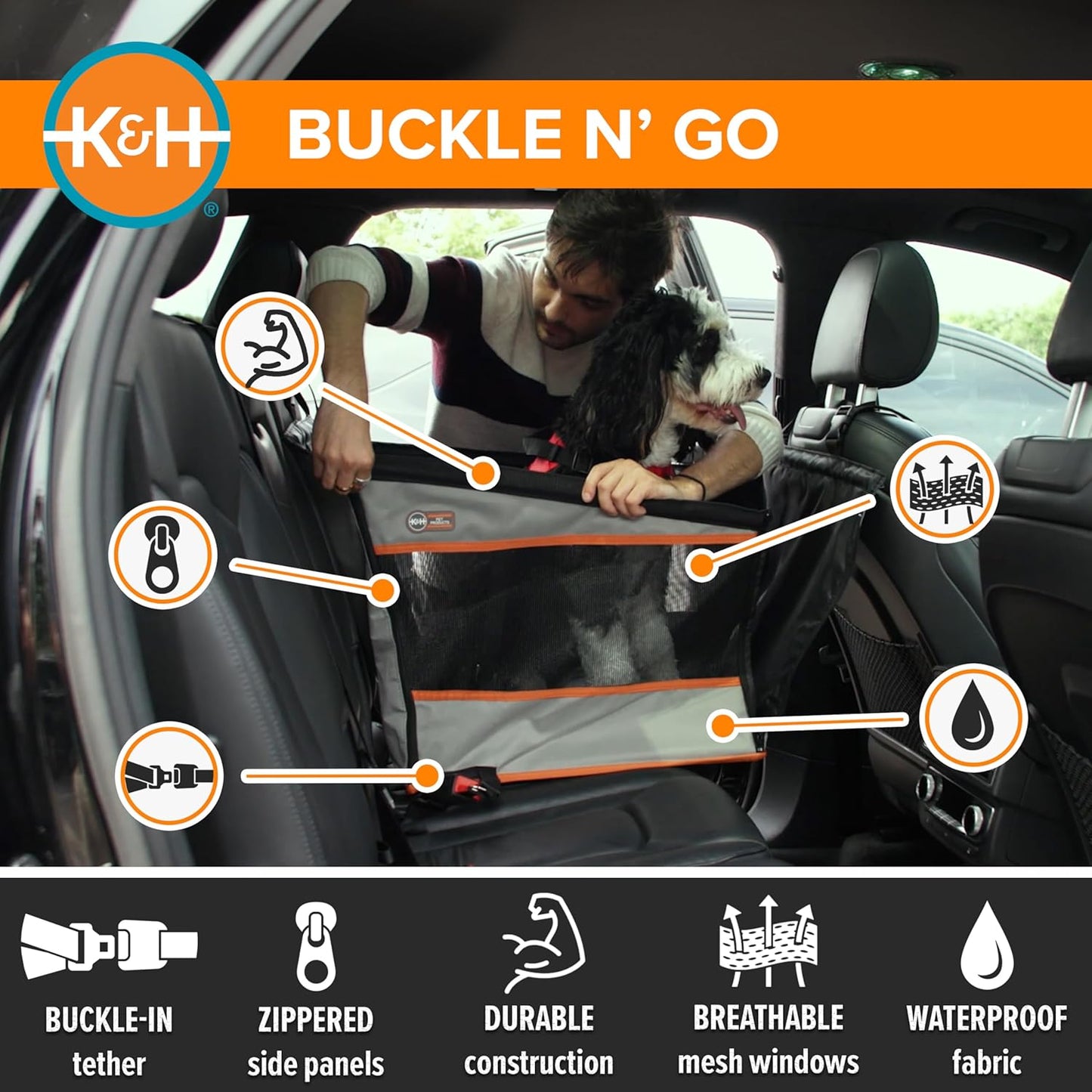 Buckle N Go Dog Car Seat for Large Dogs, Waterproof Fabric, Breathable Mesh Sides, Adjustable Seat Belt Leash, Carseat for Medium to Large Pets, Car Seat Cover - 21 X 19 X 19In
