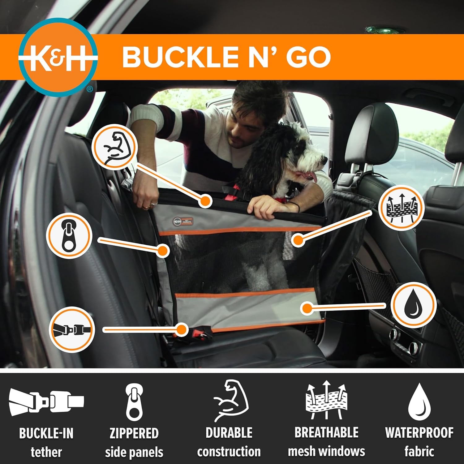 Buckle N Go Dog Car Seat for Large Dogs, Waterproof Fabric, Breathable Mesh Sides, Adjustable Seat Belt Leash, Carseat for Medium to Large Pets, Car Seat Cover - 21 X 19 X 19In